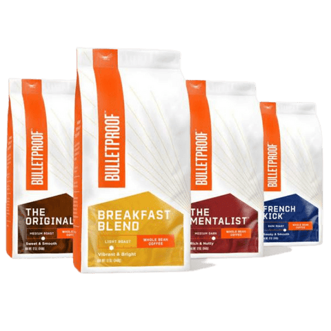 Bulletproof kaffeposer med The Original Kaffe - Malt, Breakfast Blend, The Mentalist og French Kick, som viser ulike brente varianter.