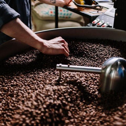Nystekte kaffebønner som blir rørt i en brenner, som fremhever den håndverksmessige prosessen bak Bulletproof Kaffe.