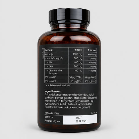Omega 3 Premium 1000mg med D3 og K2 - 120 kapsler
