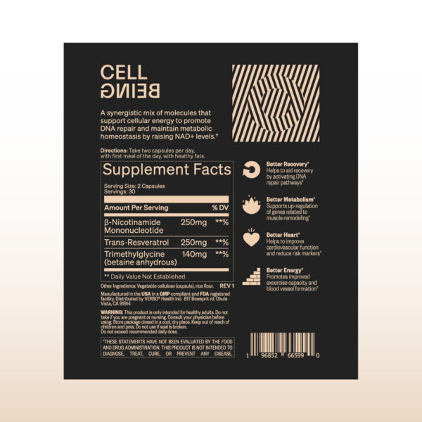 Verso - Cell Being - NMN + Trans-Resveratrol + TMG - 30 porsjoner - Image 3